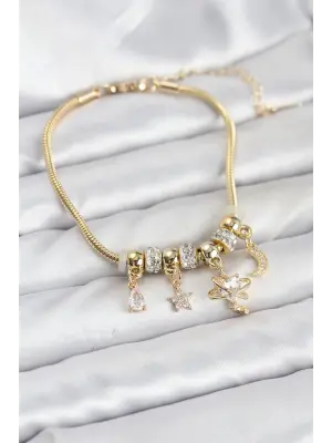 Çelik Gold Renk Kalpli Model Charmlı Kadın Bileklik
