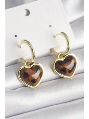  Altın Kaplan Desenli Kalp Model Çelik Küpe