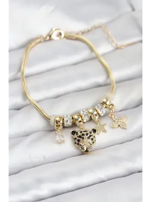 Çelik Gold Renk Kaplan Model Charmlı Kadın Bileklik