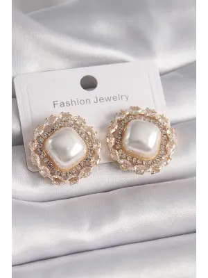  Altın Kare İnci Zirkon Taşlı Model Çelik Küpe