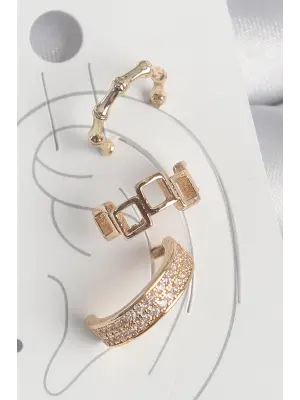 Pirinç Gold Renk Kare Model Zirkon Taşlı 3Lü Model Kadın Kıkırdak Küpe