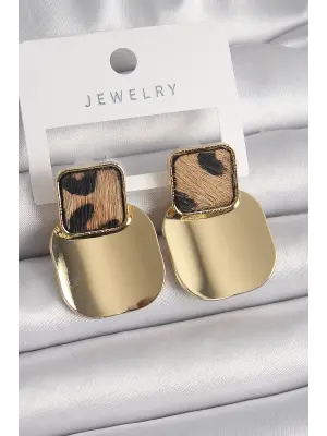  Altın Kare Plaka Model Leopar Desenli Çelik Küpe