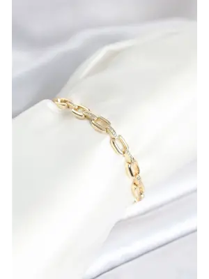 Pirinç Gold Renk Kare Zincir Model Zirkon Taşlı Kadın Bileklik