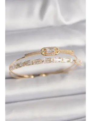 Pirinç Gold Renk Kare Zirkon Taşlı Kadın Bileklik