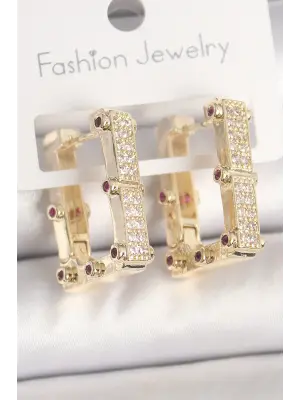 Pirinç Gold Renk Kare Zirkon Taşlı Kadın Küpe