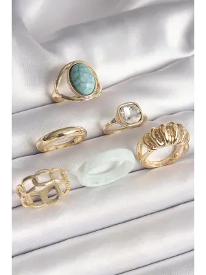  Altın Kare Zirkon Taşlı Sarmal Model Mavi Taş Detay 6Lı Çelik Yüzük Seti