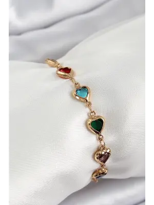 Pirinç Gold Renk Karışık Renk Kalp Zirkon Taşlı Kadın Bileklik