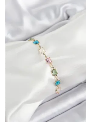 Pirinç Gold Renk Karışık Renk Kare Zirkon Taşlı Kadın Bileklik