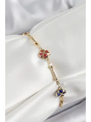 Pirinç Gold Renk Karışık Renk Yonca Zirkon Taşlı Kadın Bileklik