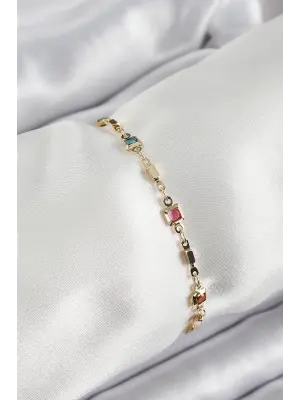Pirinç Gold Renk Karışık Renkli Kare Zirkon Taşlı Kadın Bileklik