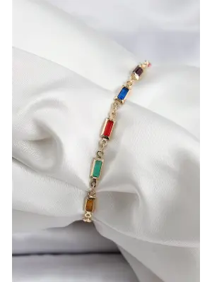 Pirinç Gold Renk Karışık Renkli Kare Zirkon Taşlı Kadın Bileklik