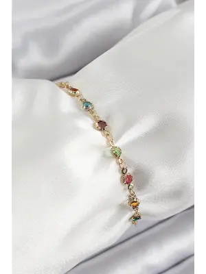 Pirinç Gold Renk Karışık Renkli Zirkon Taşlı Kadın Bileklik