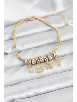 Çelik Gold Renk Kelebek Charmlı Kadın Bileklik