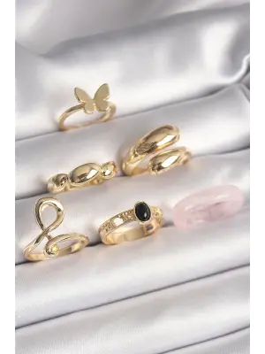  Altın Kelebek Figür Sarmal Model 6Lı Çelik Yüzük Seti