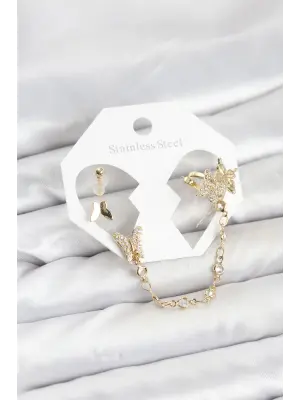 Çelik Gold Renk Kelebek Model Zincir Bağlantılı Ear Cuff Küpe Seti