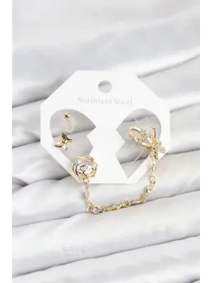 Çelik Gold Renk Kelebekli Model Zincir Bağlantılı Ear Cuff Küpe Seti