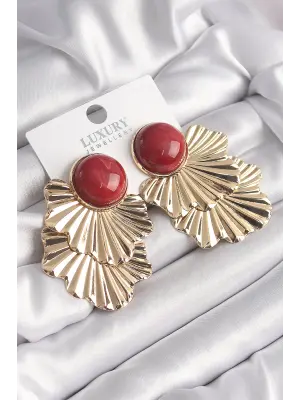  Altın Kırmızı Boncuklu Yaprak Model Vintage Çelik Küpe