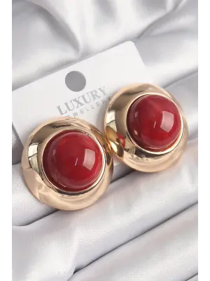  Altın Kırmızı Doğal Taşlı Daire Vintage Çelik Küpe