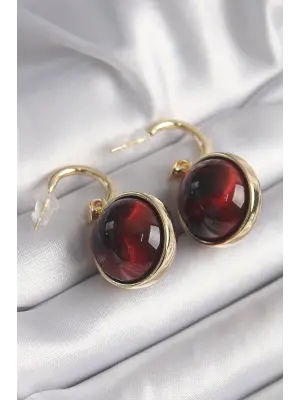  Altın Kırmızı Doğal Taşlı Vintage Çelik Küpe