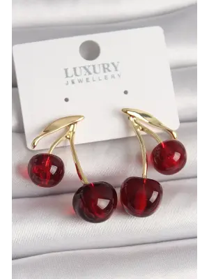 Pirinç Gold Renk Kırmızı Kiraz Model Kadın Küpe