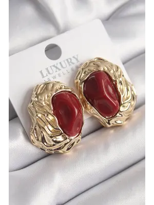  Altın Kırmızı Oval İşleme Detay Vintage Çelik Küpe