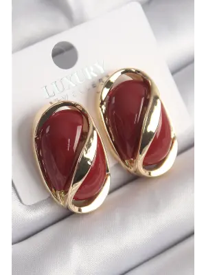  Altın Kırmızı Oval Vintage Çelik Küpe