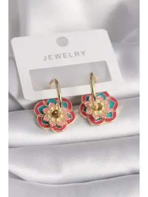  Altın Kırmızı Pembe Renkli Motif Çiçek Model Çelik Küpe