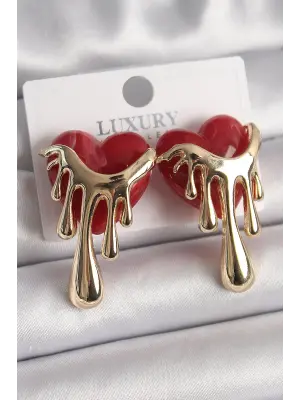  Altın Kırmızı Sedefli Akan Kalp Model Çelik Küpe