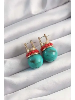  Altın Kırmızı Taşlı Mavi Mermer Desenli Küpe