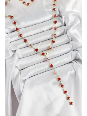 Pirinç Gold Renk Kırmızı Zirkon Taşlı Kalpli Y Kadın Kolye