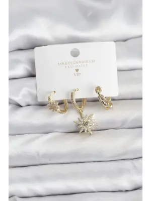 Pirinç Gold Renk Kutup Yıldızı Model 3lü Kadın Küpe Seti