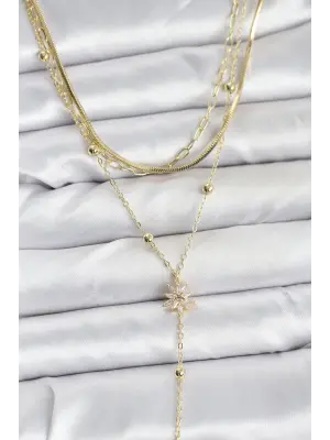 Pirinç Gold Renk Kutup Yıldızı Model Detaylı 3lü Kombin Y Kadın Kolye