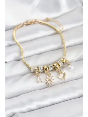 Çelik Gold Renk Kutup Yıldızı ve Kalp Charmlı Kadın Bileklik