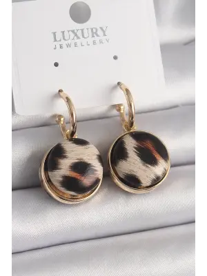  Altın Leopar Desenli Daire Model Çelik Küpe