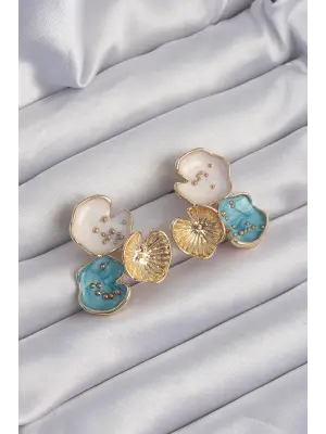  Altın Mavi Mineli 3lü Orkide Küpe