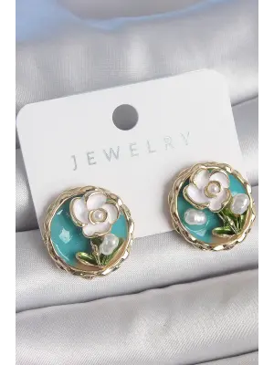 Pirinç Gold Renk Mavi Mineli İncili Çiçek İşlemeli Portre Model Kadın Küpe