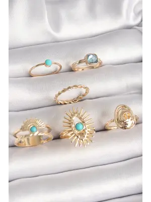 Pirinç Gold Renk Mavi Taşlı Göz Model Kare Zirkon Taşlı Kadın Yüzük Kombini