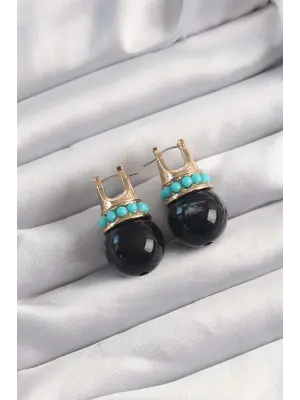  Altın Mavi Taşlı Siyah Mermer Desenli Küpe