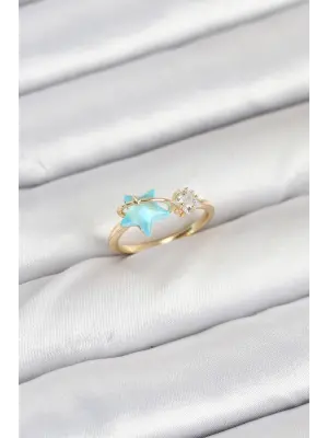 Pirinç Gold Renk Mavi Yıldızlı Model Kadın Yüzük