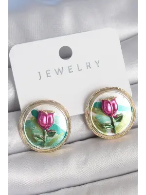 Pirinç Gold Renk Mix Renk Mineli Çiçek İşlemeli Portre Model Kadın Küpe