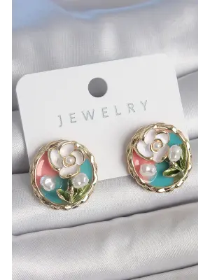 Pirinç Gold Renk Mix Renk Mineli İncili Çiçek İşlemeli Portre Model Kadın Küpe