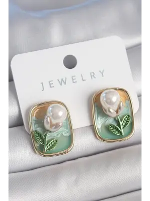 Pirinç Gold Renk Mix Renk Mineli İncili Çiçek Mineli Portre Model Kadın Küpe