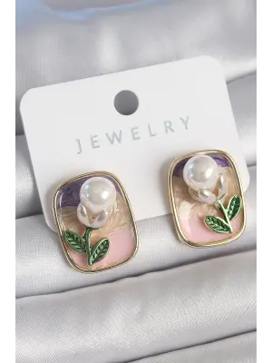 Pirinç Gold Renk Mix Renk Mineli İncili Çiçek Model Portre Model Kadın Küpe