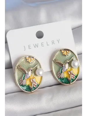 Pirinç Gold Renk Mix Renk Mineli İncili Sinek Kuşu İşlemeli Portre Model Kadın Kolye