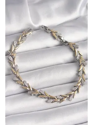 Pirinç Gold Renk Mix Renk Zirkon Taşlı Yaprak Model VIP Seri Kadın Bileklik