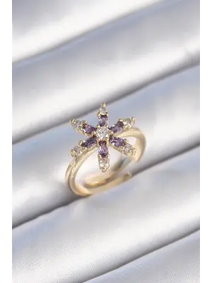  Altın Mor Renk Zirkon Taşlı Çiçek Model Çelik Yüzük