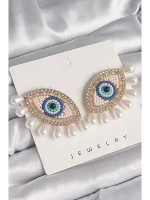  Altın Nazar Boncuk Göz Model İnci Detay Çelik Küpe