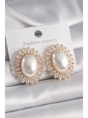  Altın Oval İncili Zirkon Taşlı Çelik Küpe