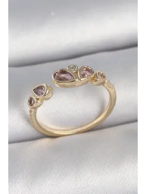 Pirinç Gold Renk Pembe Damla Zirkon Taşlı Ayarlanabilir Kadın Yüzük