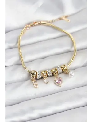 Çelik Gold Renk Pembe Kalp Charmlı Kadın Bileklik